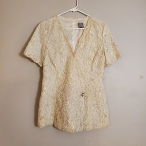 Womens jacket size 8 white sequins beads floral lace short sleeves button